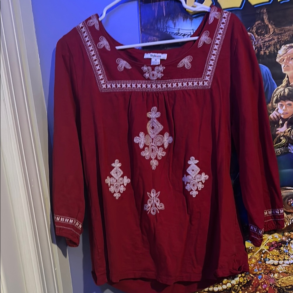 Red Embroidered Blouse with Bib Collar